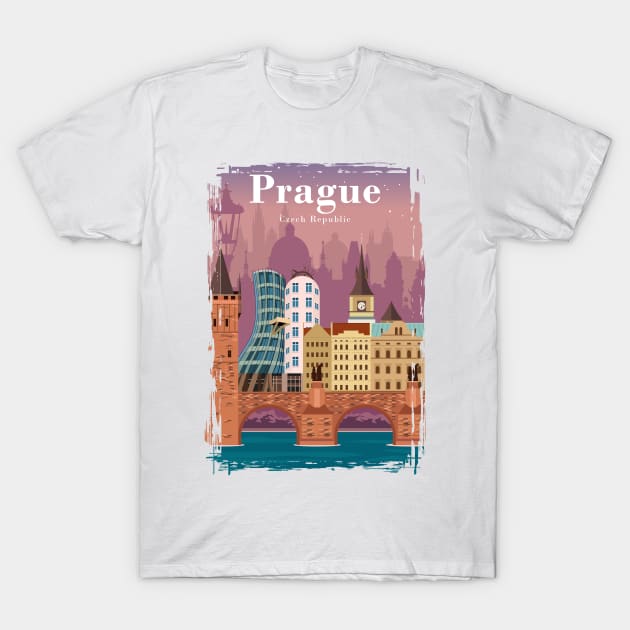 Prague Colorful Vintage Minimal Travel Poster T-Shirt by jornvanhezik